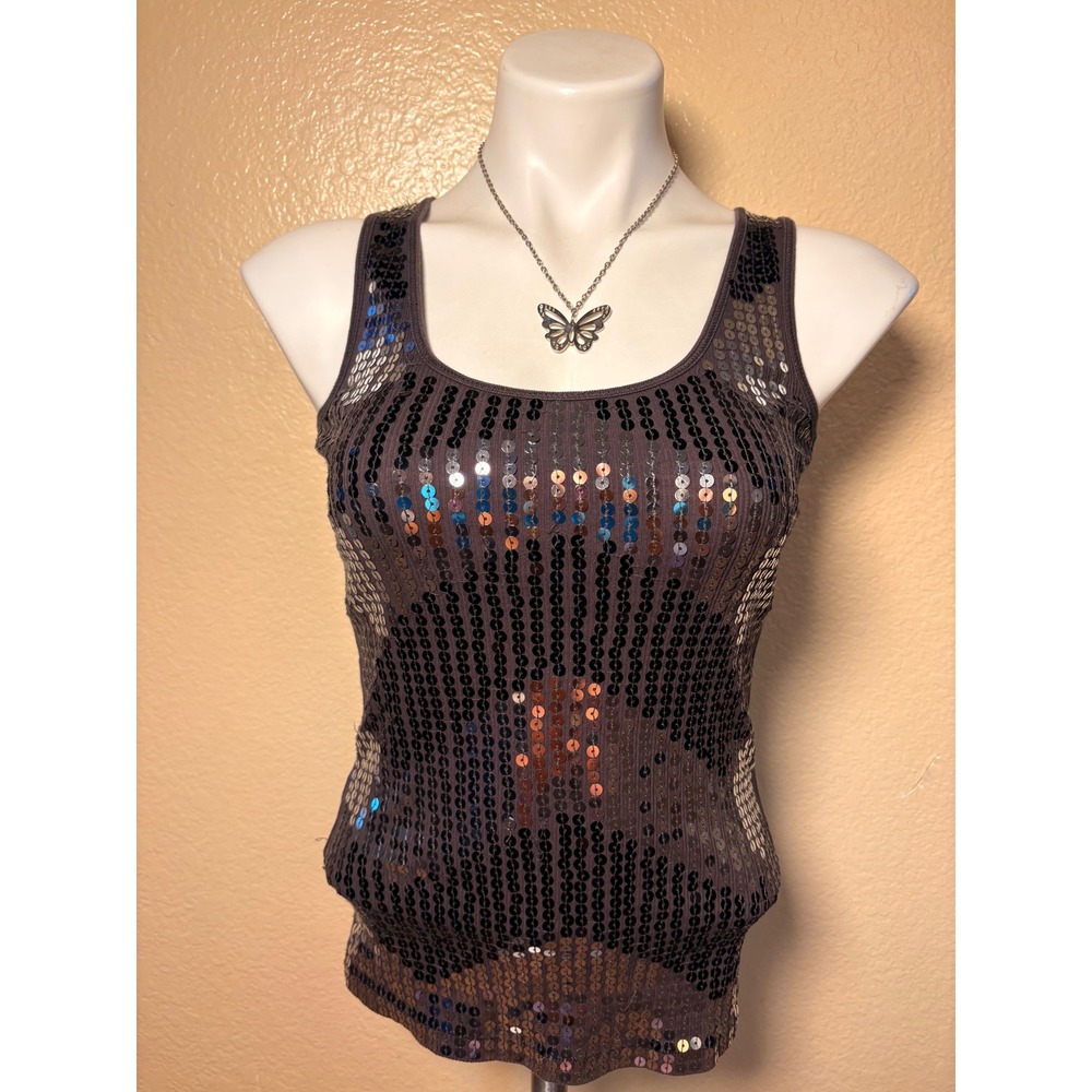 Y2K Express Womens Brown Sequin Ribbed Tank Top Sleeveless Scoop Neck Size S #5
